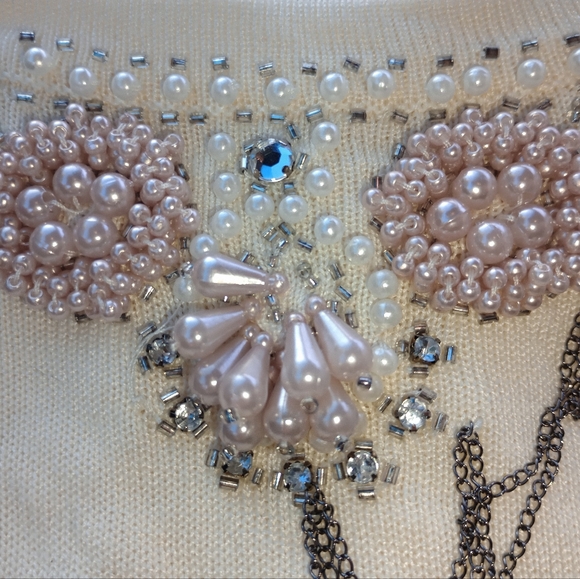 Vintage Short Sleeve Sweater, Women, Beadede Floral, Drop Chains, Ivory/Pink, S - Picture 5 of 7